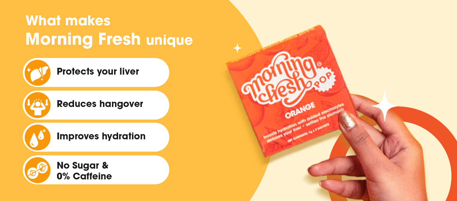 Morning Fresh Anti- Hangover Cure And Liver Protection Pop Sachet Orange Flavor, Size 3 Sachets In 1 Box | Boosts Hydration | Reduces Hangovers | Effervescent Mix With Vitamin-c, Mulberry Leaf Extract & Proteins | No Caffeine & Sugar