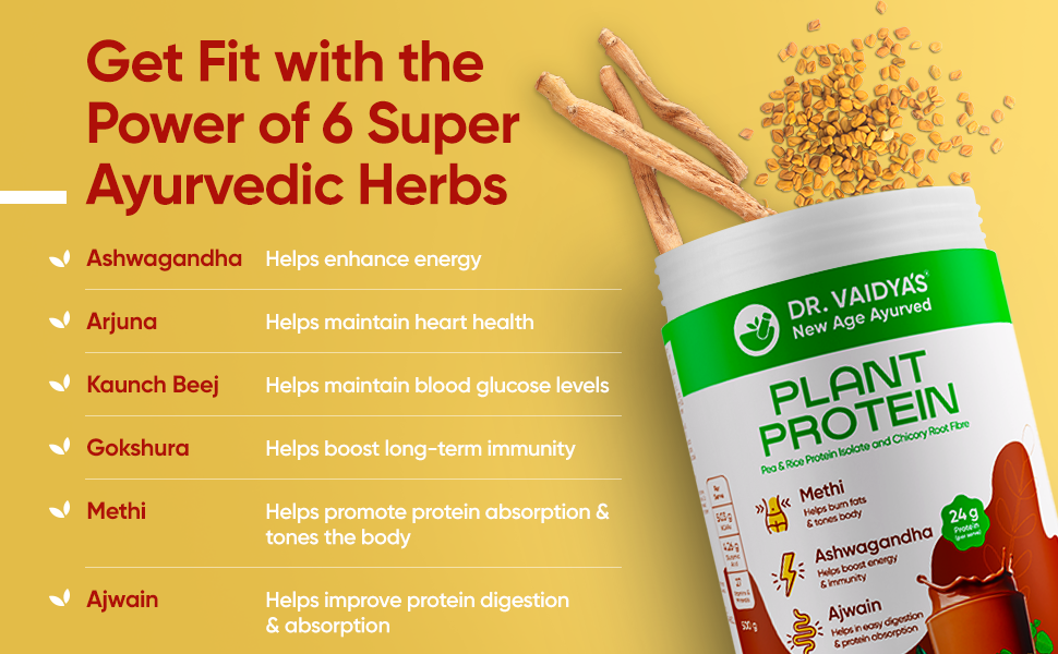 Dr. Vaidya’s Plant Protein Powder | Ayurvedic Pea Protein with Ashwagandha, Methi & Ajwain | 24 g Protein per Serving | Muscle Gain, Energy & Weight Loss | 500g Chocolate Flavour (Pack of 1)