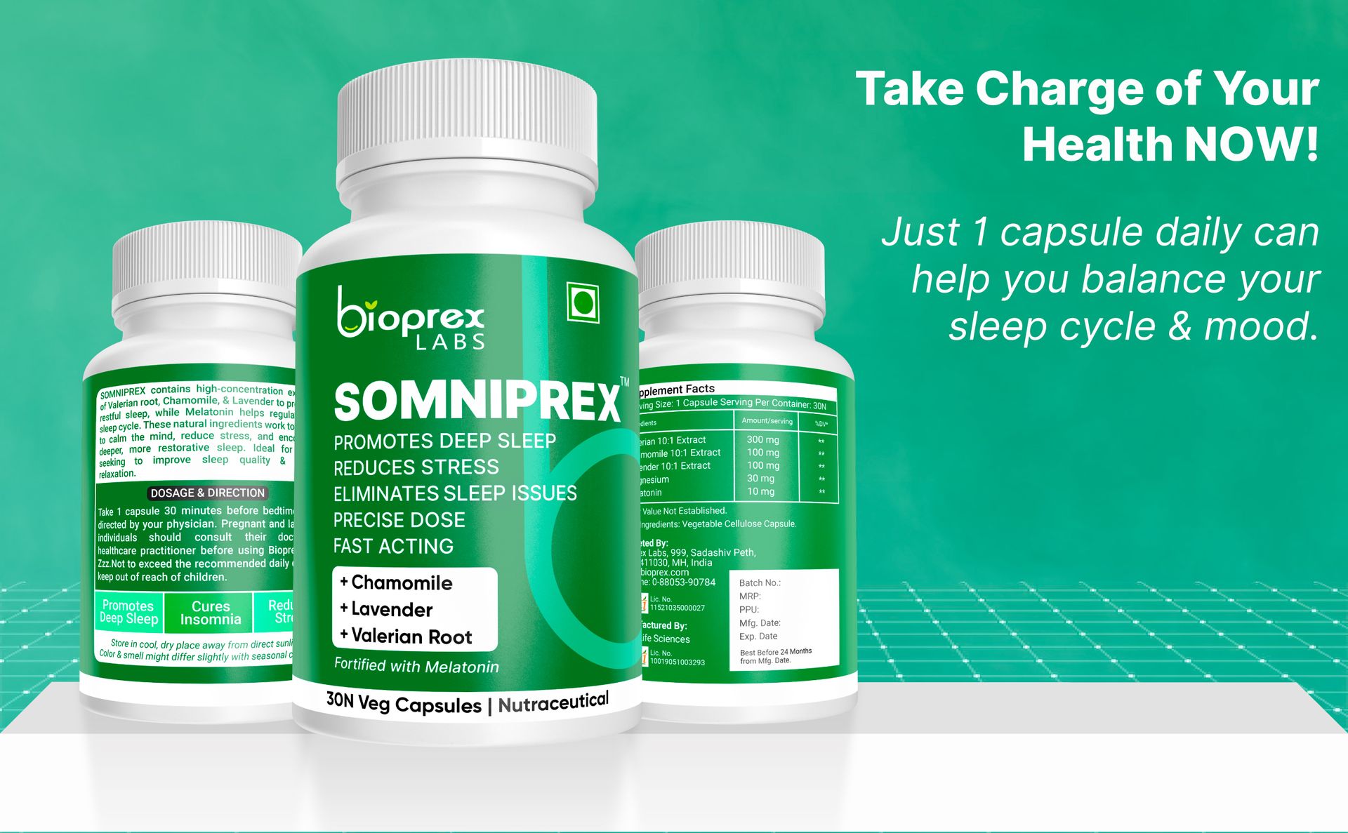 Bioprex Lab | Somniprex Sleep Supplements (30 Veg Capsules) | Sleeping I Adaptogens for Deep Sleep, Morning Energy | Non-Habit Forming | Deep, Relaxing, Undisturbed Sleep with Melatonin, Valerian Root, Chamomile, Lavender, Magnesium | Improves Mood |