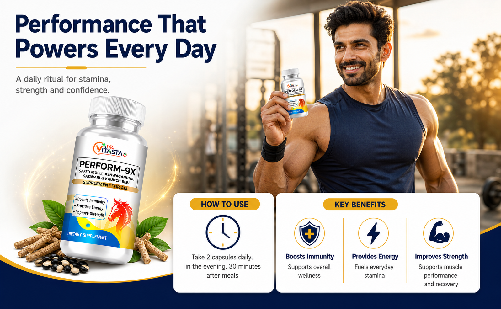 Dr Vitasta Perform-9X Capsules | Safed Musli, Ashwagandha, Shatavari, Kaunch Beej, L-Arginine | Men's Performance | 30 Capsules