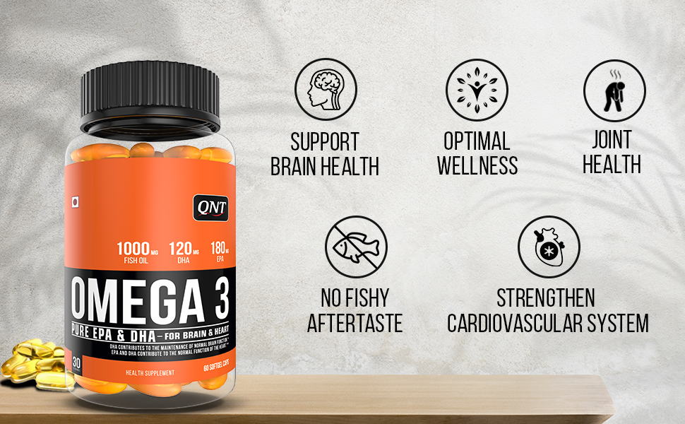 QNT Omega 3 Capsules 1000mg | Nordic Island Fish Oil with 180mg EPA & 120mg DHA | Supports Heart, Brain, Skin & Bone Health | 60 Softgels