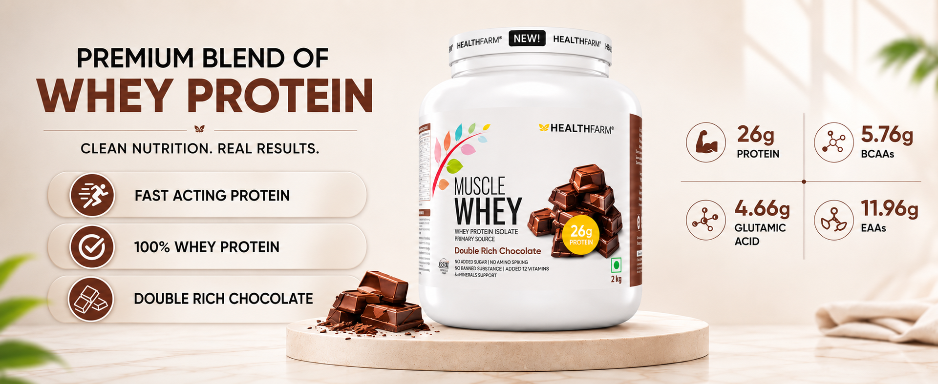 Healthfarm Muscle Whey Protein Powder | 26g Protein Per Serving | High Protein Post Workout Supplement for Muscle Growth, Strength & Recovery | Milk Chocolate Flavor | 1kg