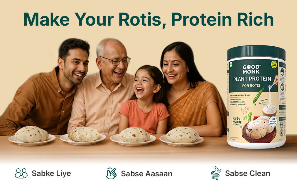 Good Monk Plant Protein for Rotis | Additional 30 gm protein in 6 Rotis | From Pea, Brown Rice & Soy | Clean Protein & Gut Friendly Probiotics | All Essential Amino Acids | Stronger Muscles | Add to Atta - No Taste Change | No Added Sugar/Sweetener | 460 gm