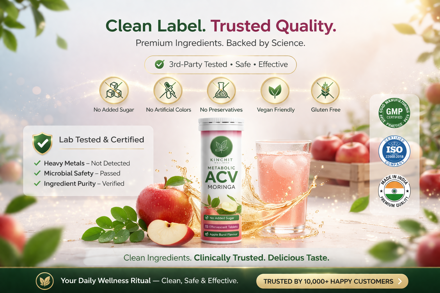 Apple Cider Vinegar (ACV) Effervescent Tablets with Moringa, Vitamin B6 & B12 | No Added Sugar, Stevia Sweetened | Apple Flavour | 30 Tablets (Pack of 2)