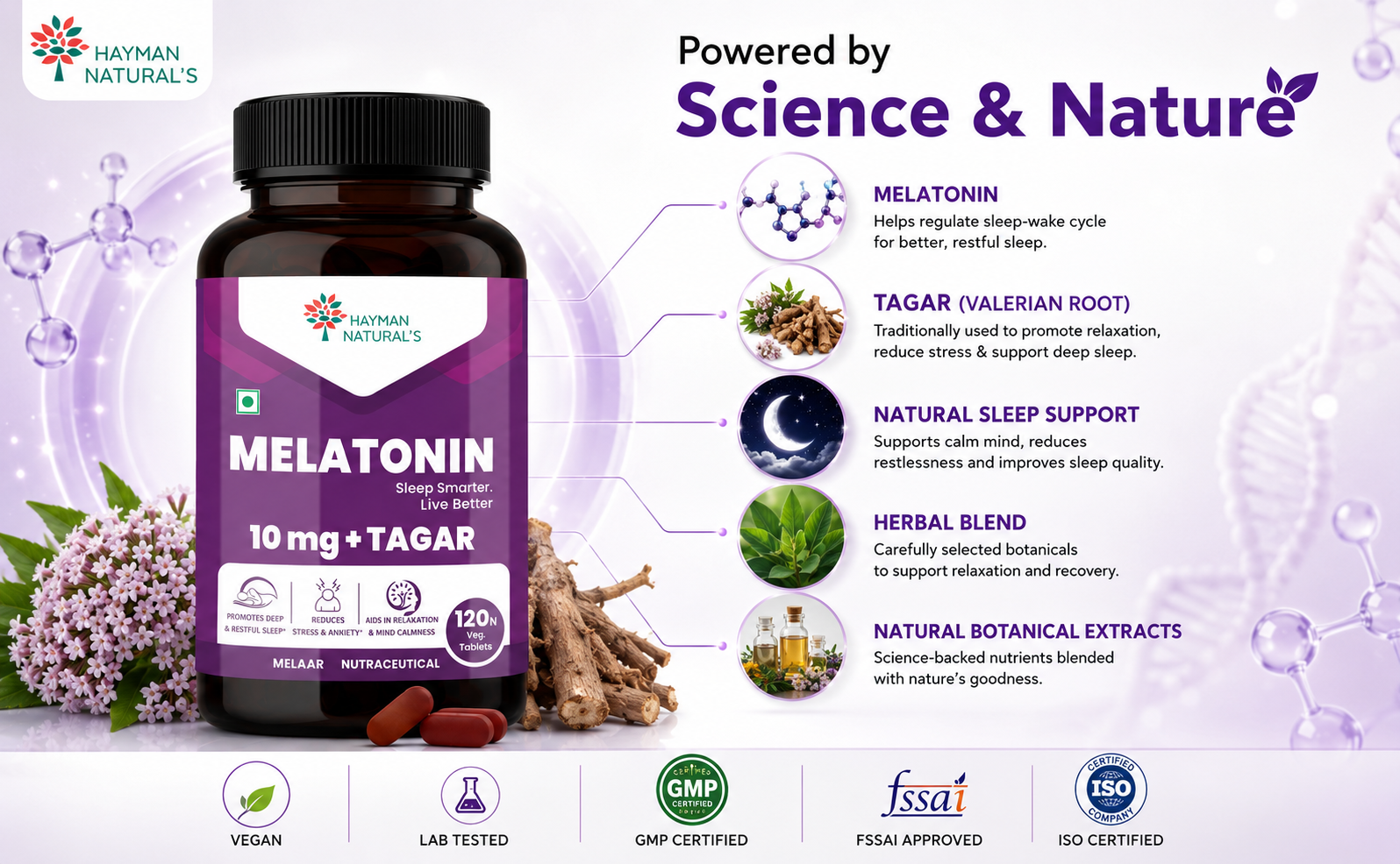 Hayman Natural's Melatonin 10 mg Sleeping Pills with Tagar 250 mg | Sleep Supplement for Men & Women | Melatonin Tablets for Restful Deep Sleep-120 Veg Tablets