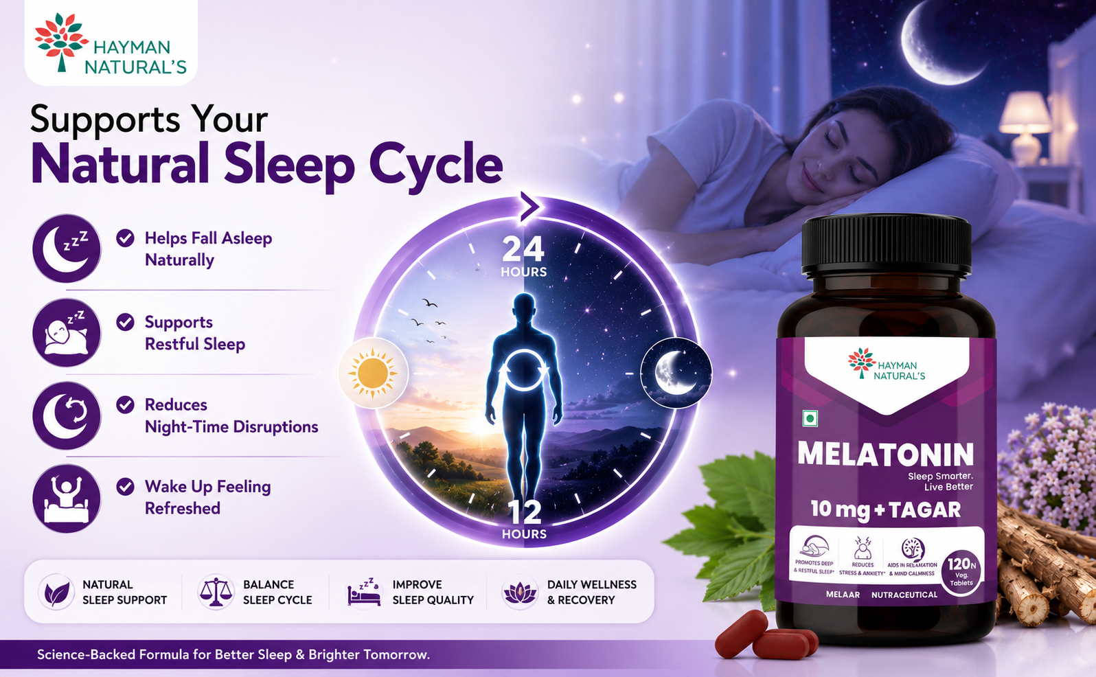 Hayman Natural's Melatonin 10 mg Sleeping Pills with Tagar 250 mg | Sleep Supplement for Men & Women | Melatonin Tablets for Restful Deep Sleep-120 Veg Tablets