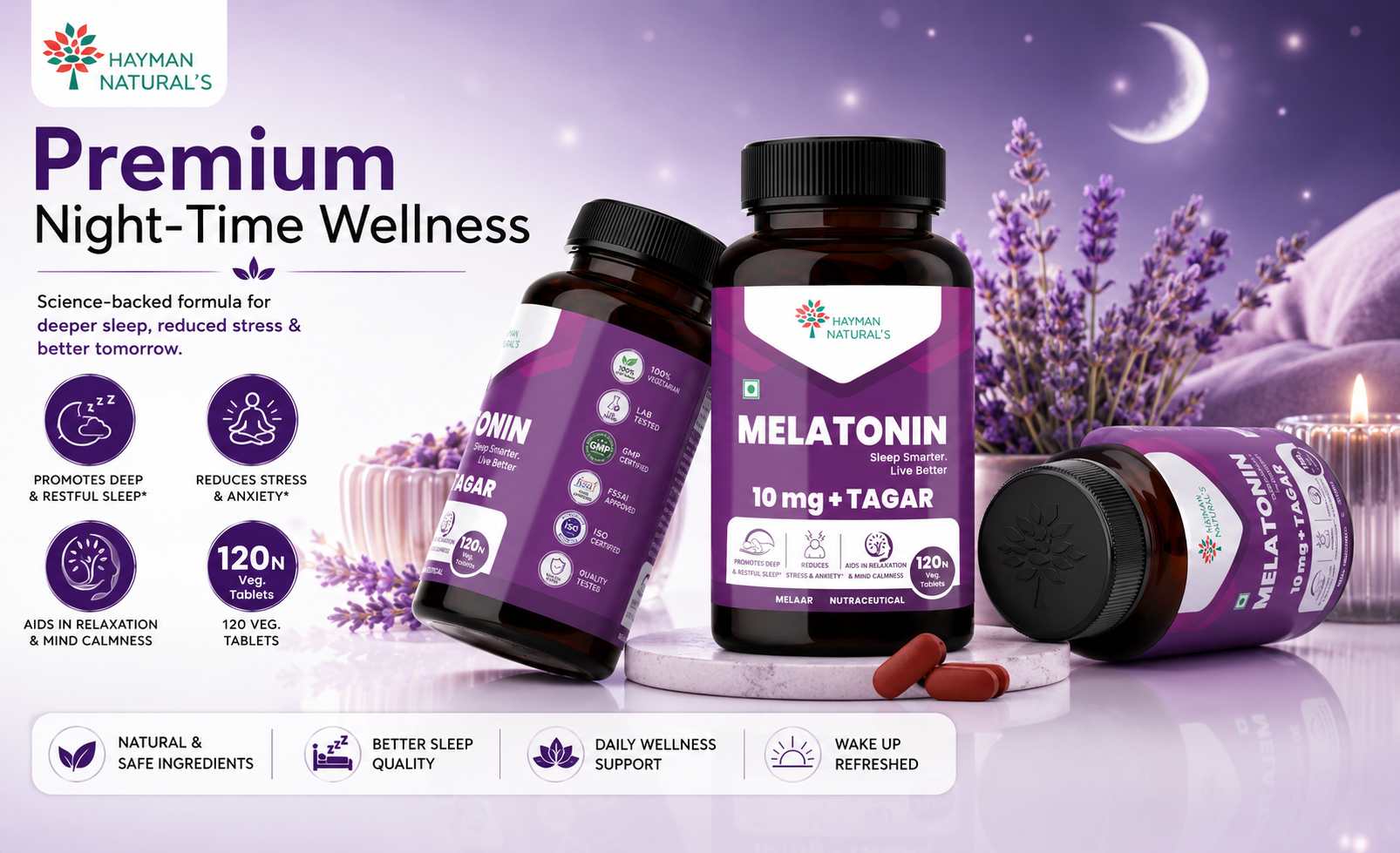 Hayman Natural's Melatonin 10 mg Sleeping Pills with Tagar 250 mg | Sleep Supplement for Men & Women | Melatonin Tablets for Restful Deep Sleep-120 Veg Tablets