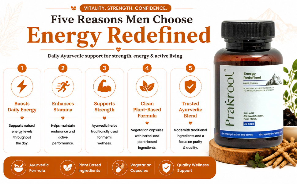 Energy Redefined for Him | Herbal Supplement with Shilajit Ashwagandha & Kali Musli | Vegetarian Capsules with Plant Based Ingredients | Herbal Capsules for Men | 30 Veg Capsules | Pack of 1