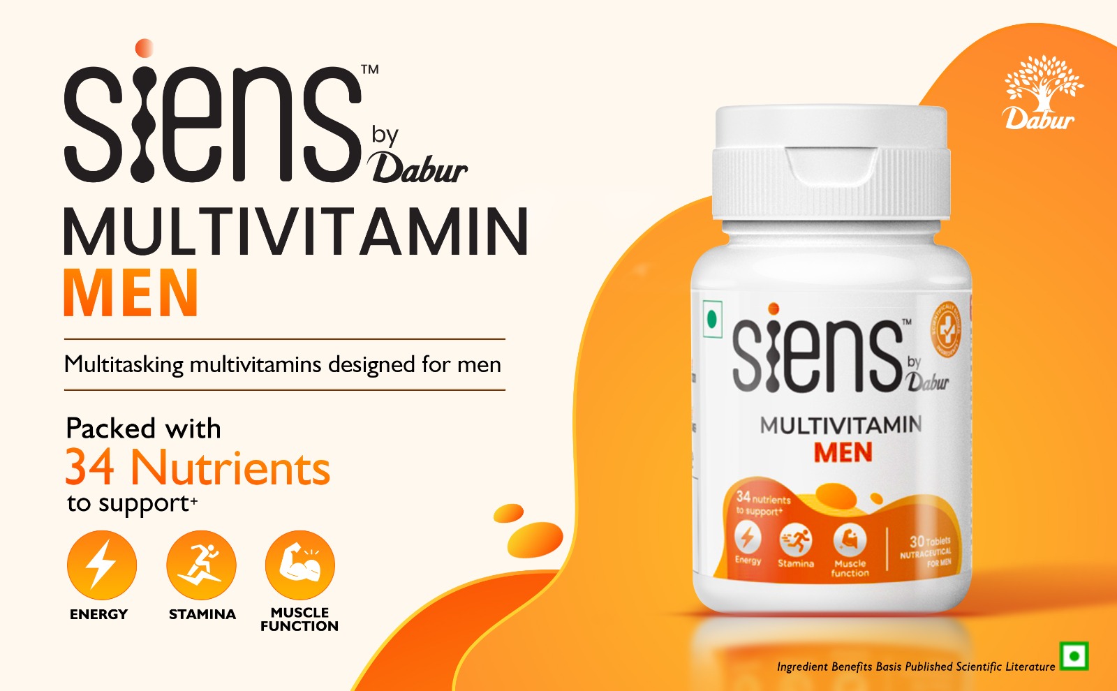 Siens By Dabur Multivitamin for Men-30 tablets | Enriched with 34 nutrients to Support Overall Health, Energy, Stamina & Muscle Function