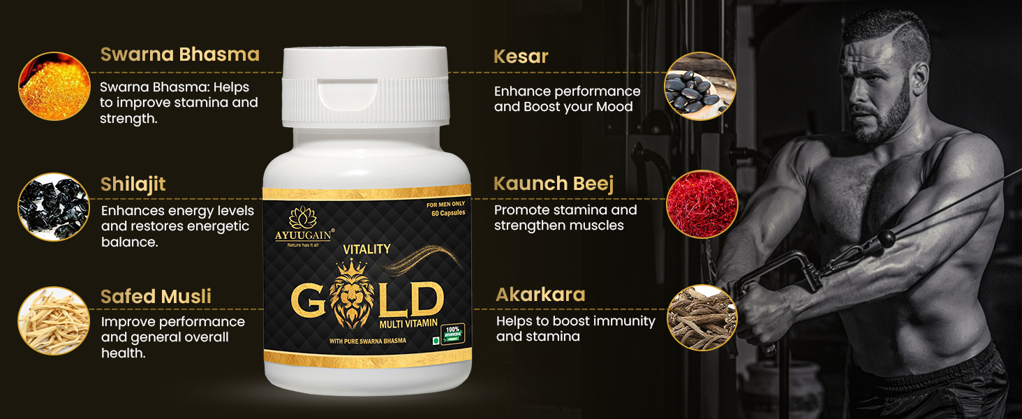 AYUUGAIN Vitality Gold Capsule for Men with Swarna Bhasma, Shilajeet, Safed Musli, Akarkara, Makardhwaj, Jund Bedastar, Konch Beej| Overall Health Booster Ayurvedic Stamina Supplement for Men -60Caps