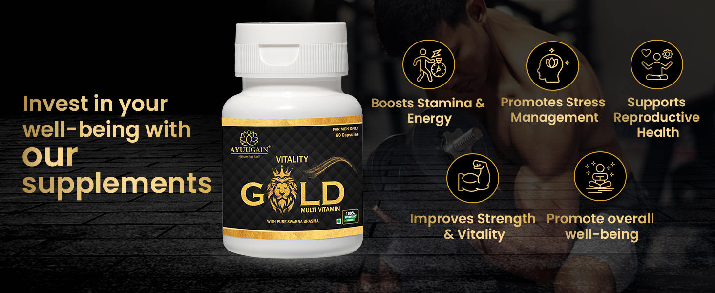 AYUUGAIN Vitality Gold Capsule for Men with Swarna Bhasma, Shilajeet, Safed Musli, Akarkara, Makardhwaj, Jund Bedastar, Konch Beej| Overall Health Booster Ayurvedic Stamina Supplement for Men -60Caps