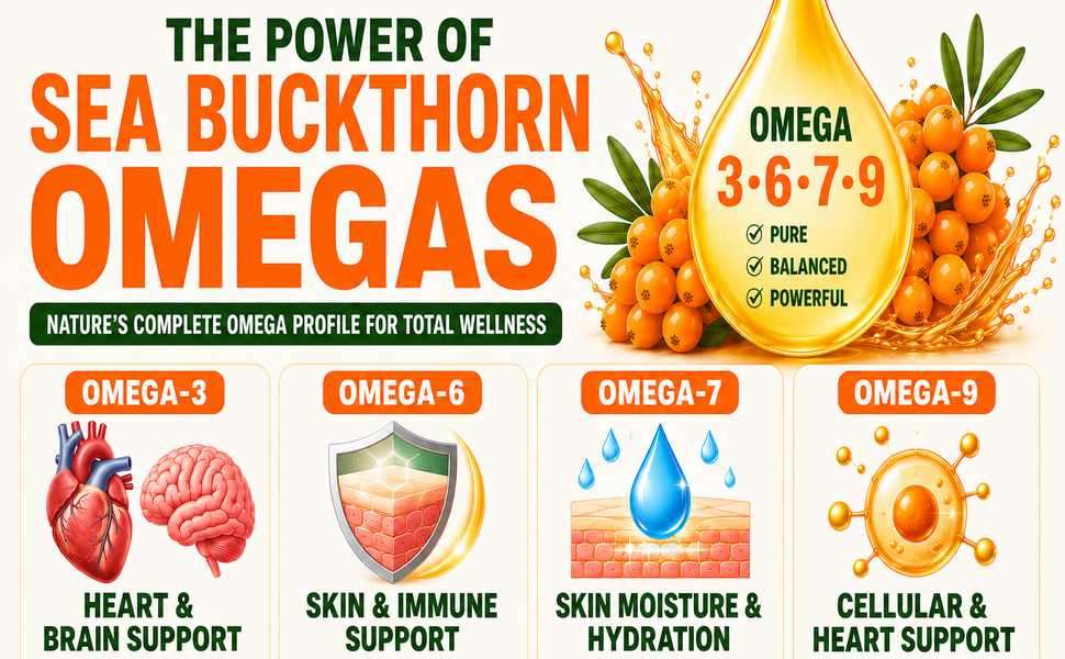 Sea Buckthorn 1000mg Himalayan Seabuckthorn Berry Extract Omega 7 3 6 9 Fatty Acids Antioxidant Supplement for Skin & Immunity 60 Veg Tablets