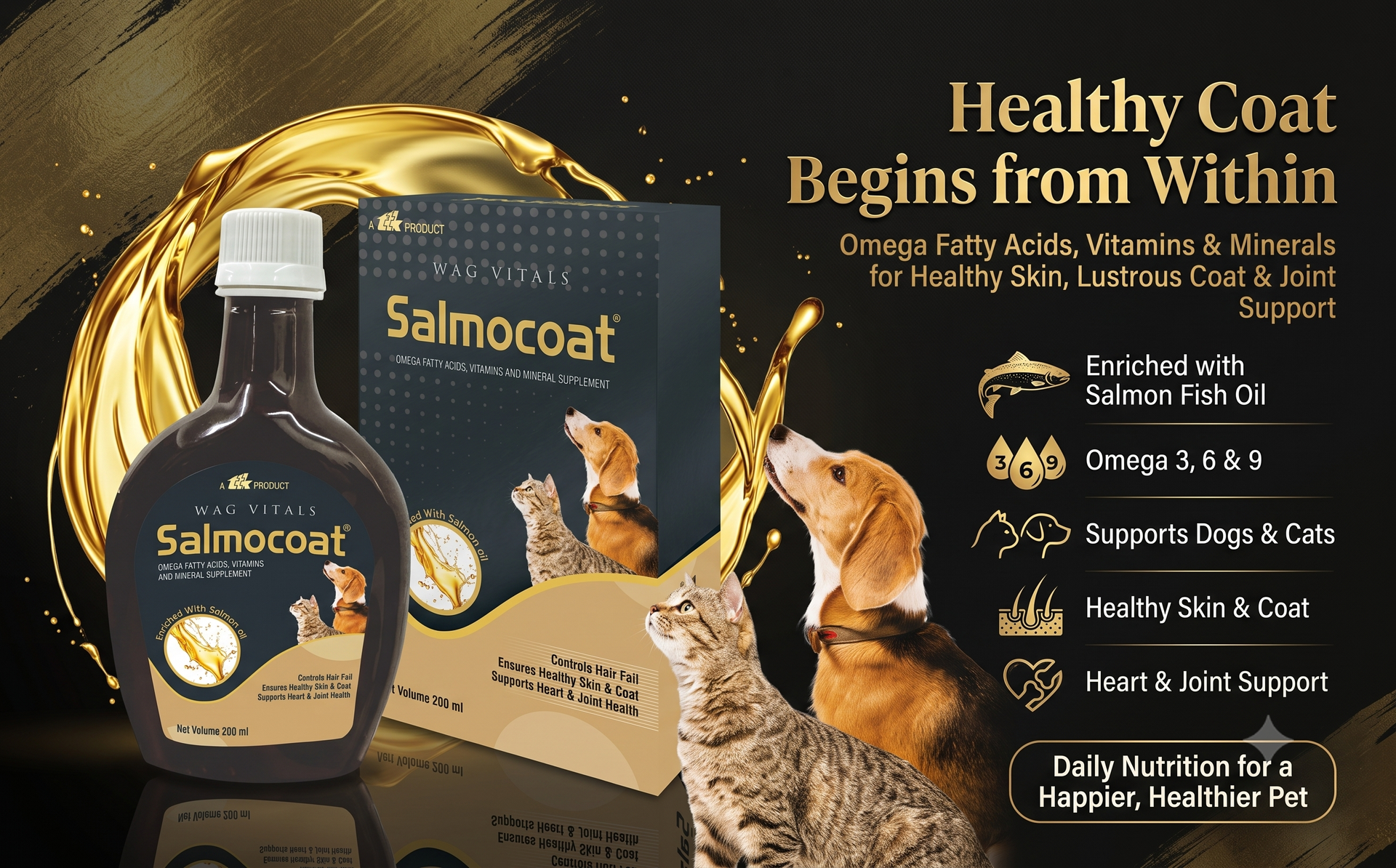 Salmon Oil Supplement for Dogs & Cats | Omega 3 & 6 with Vitamins A & E, Zinc & Biotin for Skin, Coat, Heart & Joint Support | Liquid Formula | 200 ml (Pack of 1)