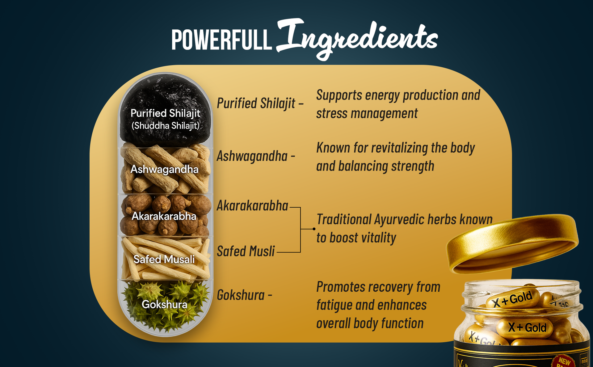 Vaidban X Plus Gold Capsule: A premium blend, this Ayurvedic formulation is expertly crafted to enhance vitality, stamina, and holistic well-being. (30 Capsule)