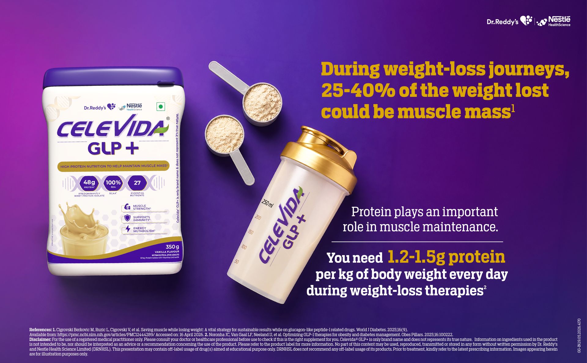 Celevida GLP+ - High protein support for lean muscle preservation during GLP-1/GIP therapies | 24gm protein per serving (predominantly WHEY isolate sourced from Europe) | Contains 100% RDA BCAA - Vanilla Flavour - 350 gm