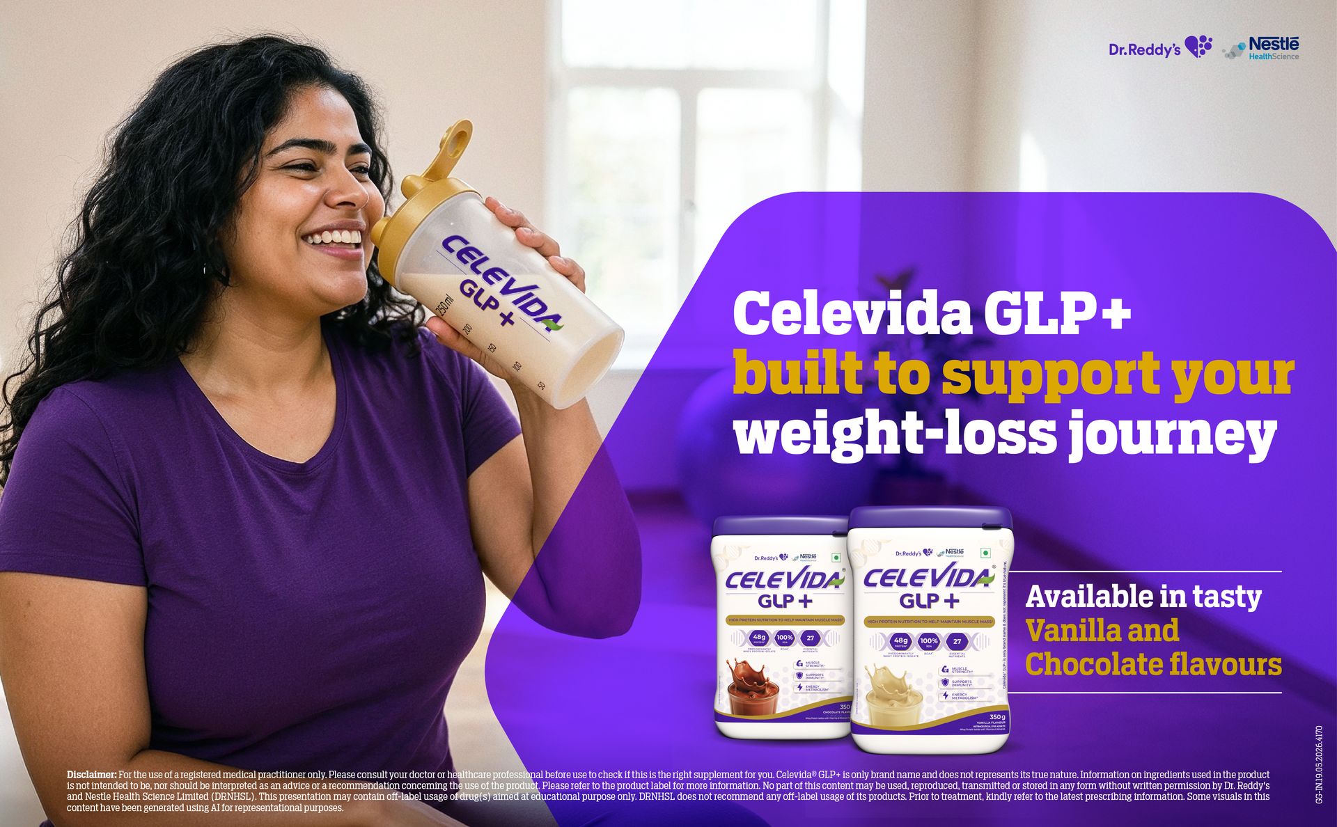 Celevida GLP+ - High protein support for lean muscle preservation during GLP-1/GIP therapies | 24gm protein per serving (predominantly WHEY isolate sourced from Europe) | Contains 100% RDA BCAA - Vanilla Flavour - 350 gm