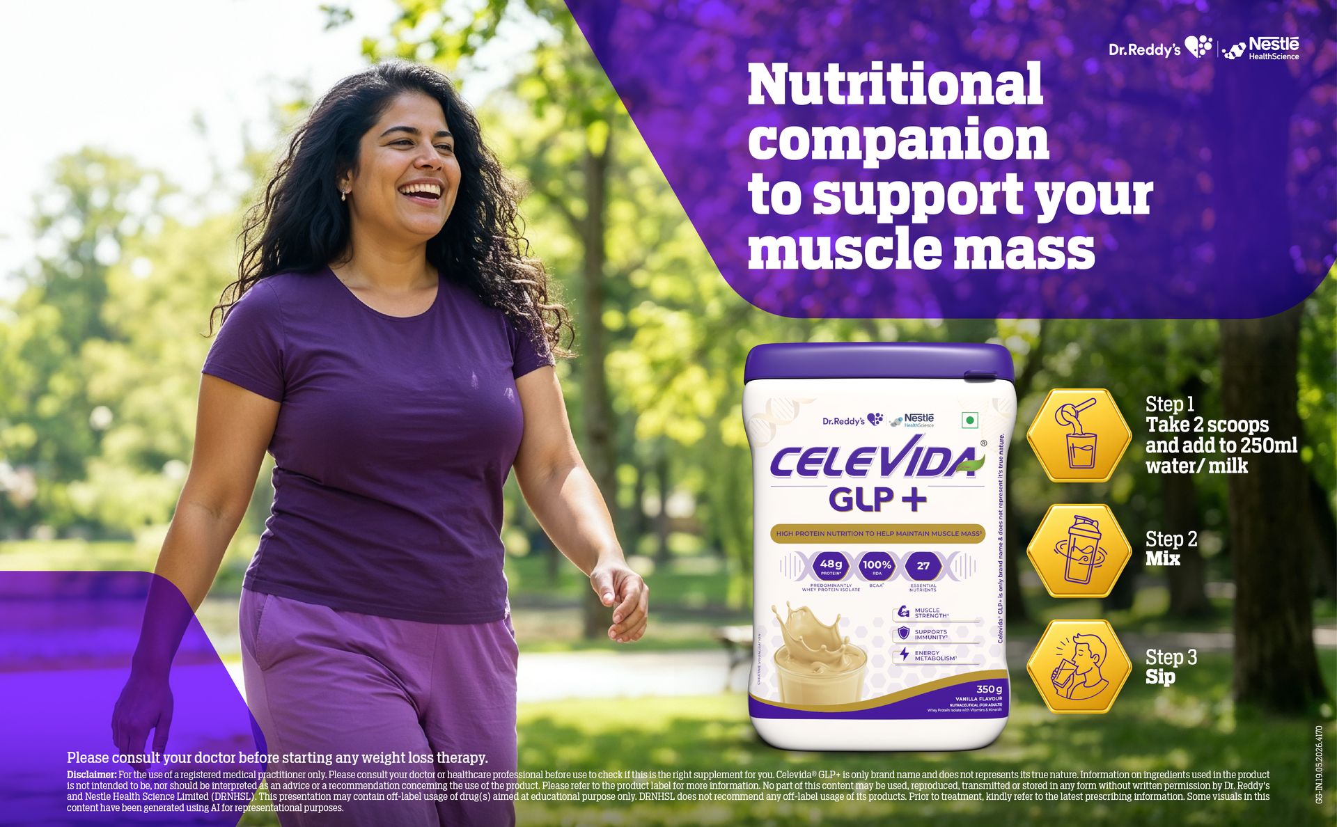 Celevida GLP+ - High protein support for lean muscle preservation during GLP-1/GIP therapies | 24gm protein per serving (predominantly WHEY isolate sourced from Europe) | Contains 100% RDA BCAA - Vanilla Flavour - 350 gm