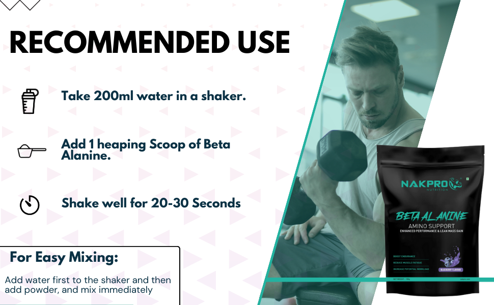 Nakpro Beta Alanine Supplement Powder| Muscle Building Amino Acid, Faster Recovery, Pre Workout supplement for Men & Women -100g Blueberry, (33 Servings)