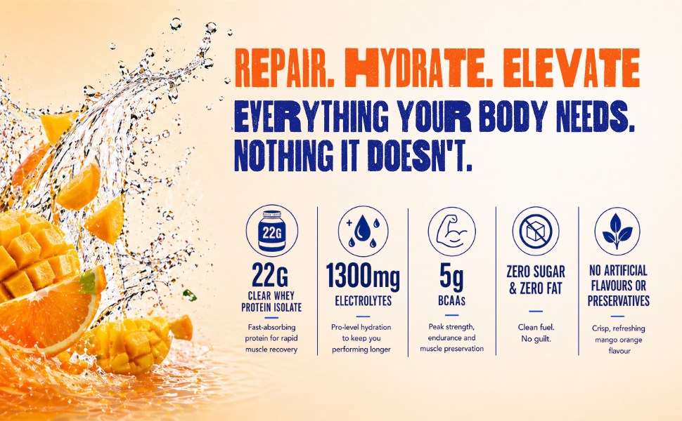Not Rocket Science Protein Water - Mango Orange | 22g Clear Whey Protein Isolate | 1300mg Electrolytes | 5g BCAAs | Zero Sugar | High Protein Drink | 500ml Pack of 3