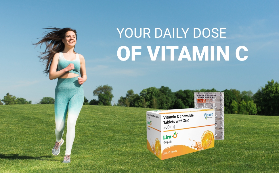 Lim-O Vitamin C(500mg) & Zinc, Chewable Tablets for Immunity Skin – Vegan Formula For Men Women, Orange Flavour (45 Tablets)