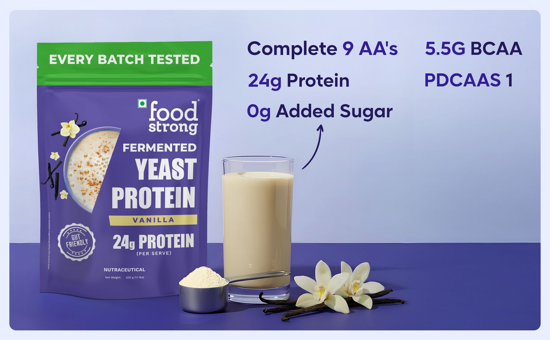 Foodstrong Fermented Yeast Protein - Vanilla | 26g Complete Plant Protein with Probiotics, Digestive Enzymes, & Indian Herbs | Vegan | No Sugar | 500g