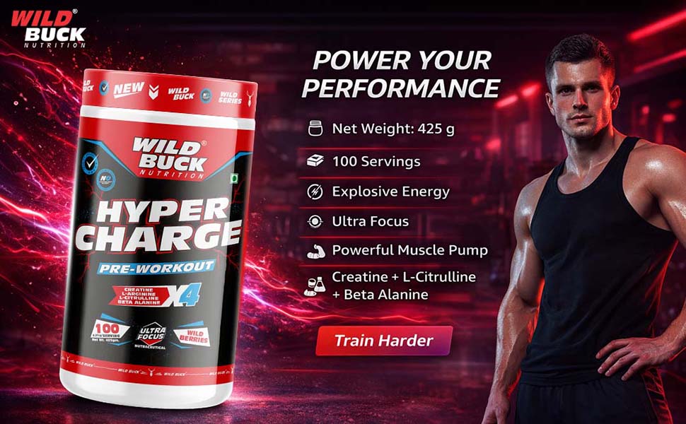 Wild Buck Hyper Charge Pre-X4 Hardcore Pre-Workout Supplement with Creatine Monohydrate, Arginine AAKG, Beta-Alanine & Muscle Pump Formula | Caffeinated Punch for Explosive Energy, Focus & Strength [100 Servings, Wild Berries]