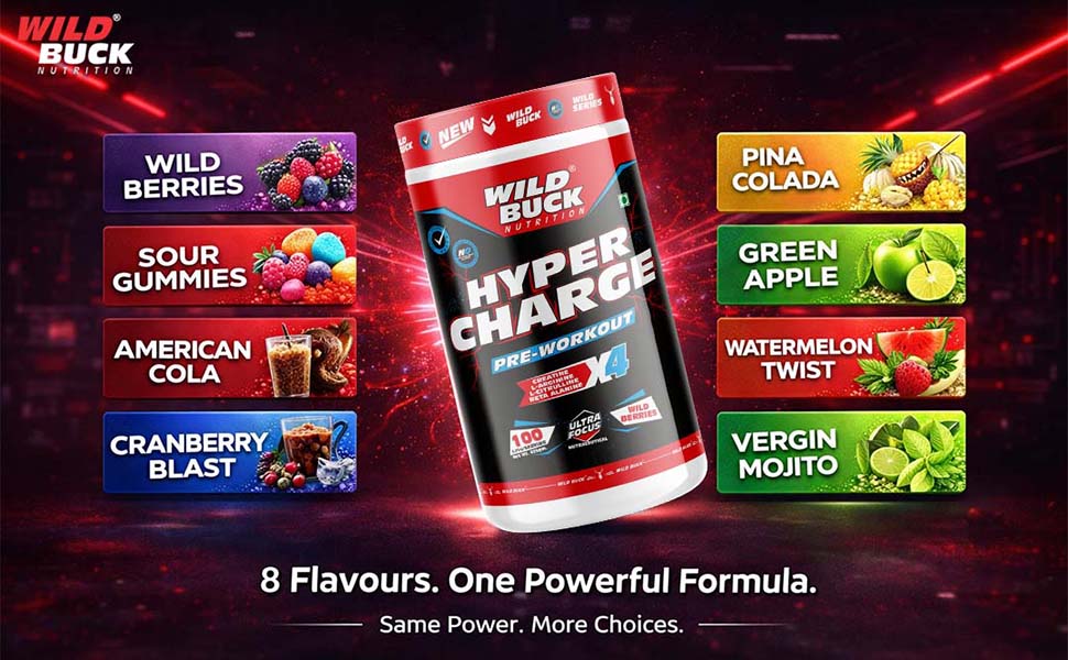 Wild Buck Hyper Charge Pre-X4 Hardcore Pre-Workout Supplement with Creatine Monohydrate, Arginine AAKG, Beta-Alanine & Muscle Pump Formula | Caffeinated Punch for Explosive Energy, Focus & Strength [100 Servings, Wild Berries]
