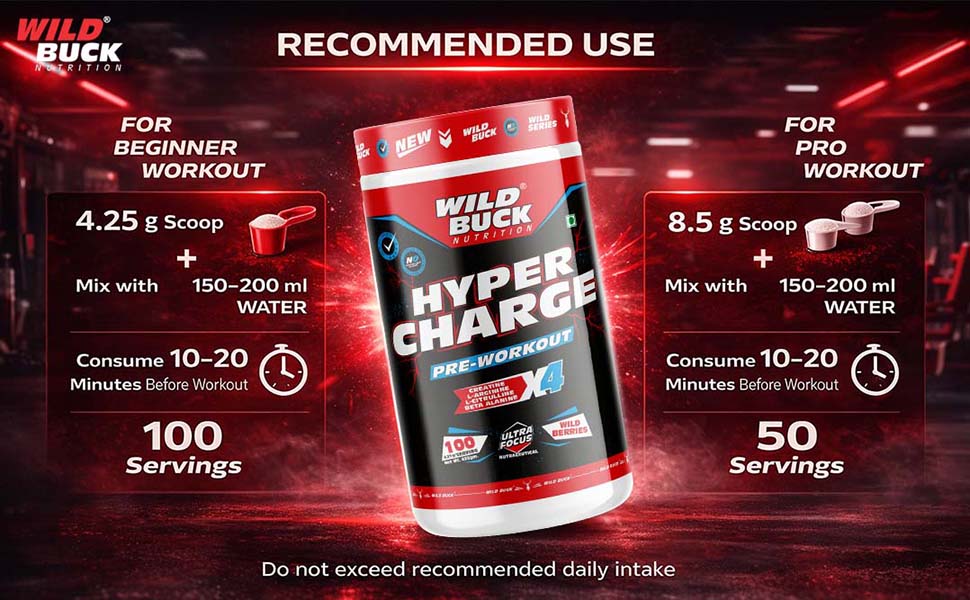 Wild Buck Hyper Charge Pre-X4 Hardcore Pre-Workout Supplement with Creatine Monohydrate, Arginine AAKG, Beta-Alanine & Muscle Pump Formula | Caffeinated Punch for Explosive Energy, Focus & Strength [100 Servings, Wild Berries]
