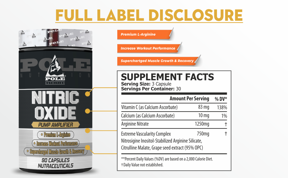 Pole Nutrition Nitric Oxide for Muscle Growth, Recovery & Workout Performance - 90 Capsules | Premium N.O. Supplement for Enhanced Fitness