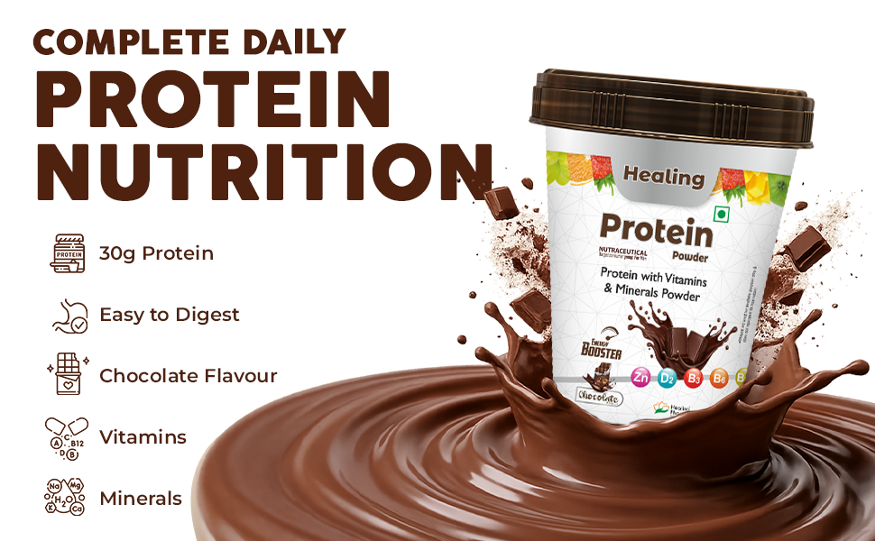 Healing Pharma - Healing Protein Powder with Multivitamins & Minerals | Protein Supplement for Energy Booster Strength, Stamina & Recovery | Chocolate Flavour - 200g