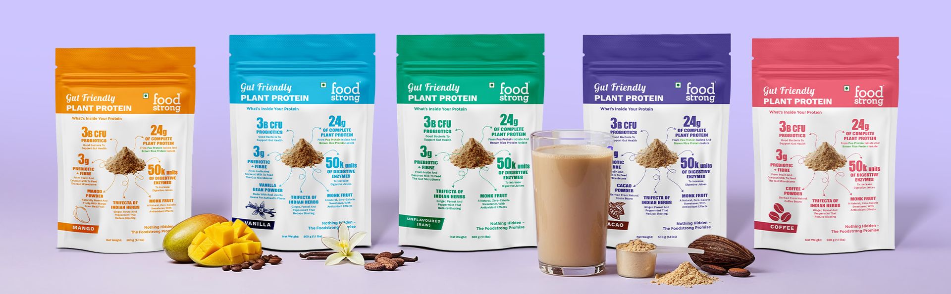 Foodstrong Gut Friendly Plant Protein - Coffee | 24g Complete Plant Protein with Probiotics, Digestive Enzymes, Prebiotics & Indian Herbs | Vegan | No Sugar | 500g