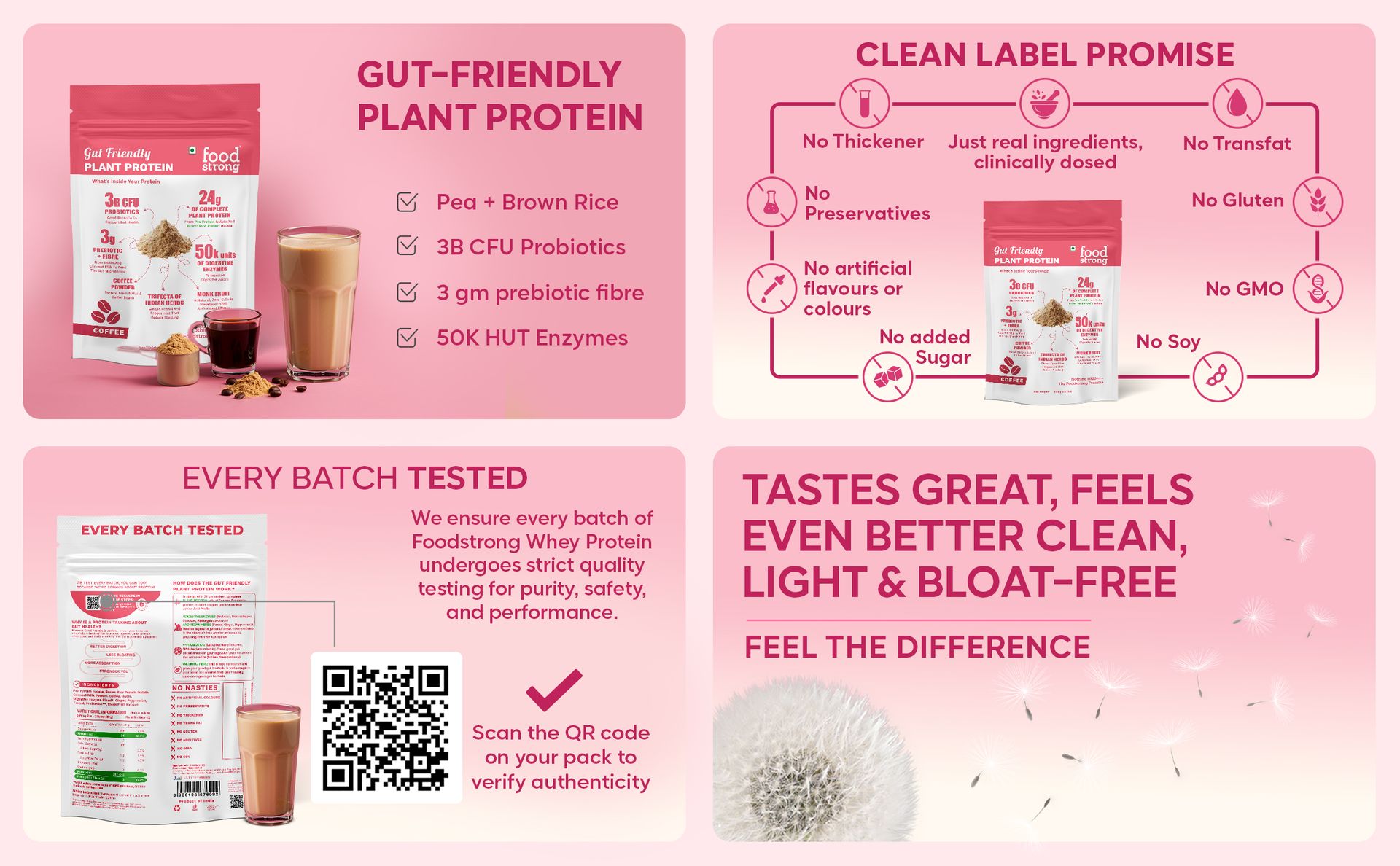 Foodstrong Gut Friendly Plant Protein - Coffee | 24g Complete Plant Protein with Probiotics, Digestive Enzymes, Prebiotics & Indian Herbs | Vegan | No Sugar | 500g