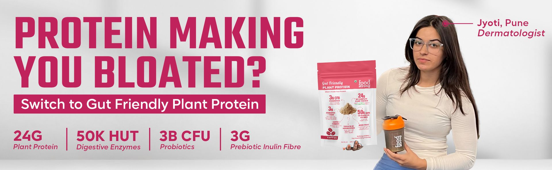 Foodstrong Gut Friendly Plant Protein - Coffee | 24g Complete Plant Protein with Probiotics, Digestive Enzymes, Prebiotics & Indian Herbs | Vegan | No Sugar | 500g