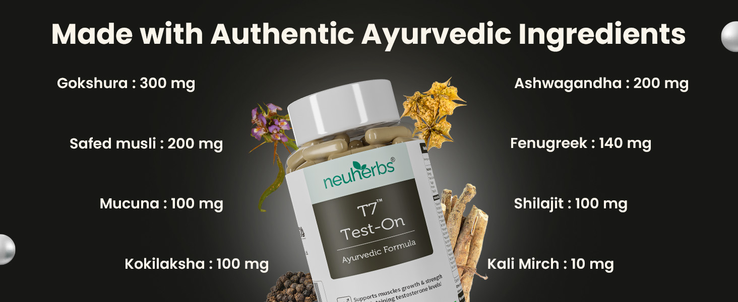 Neuherbs Ayurvedic T7 Test On for Men - 120 Capsules (Pack of 2) | With Shilajit, Ashwagandha, Gokshura, Safed Musli & Kapikachhu | Supports Strength, Stamina, Energy & Muscle Performance