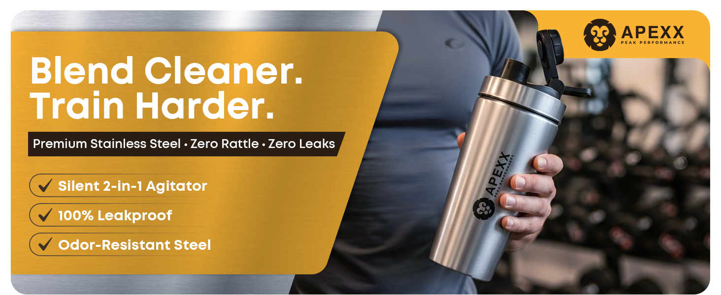 Apexx Protein Shaker Bottle – Steel Shaker for Gym with Silent Mixing, Leakproof Twist Cap, BPA-Free, No Smell, with Carry Handle - Silver 750ML