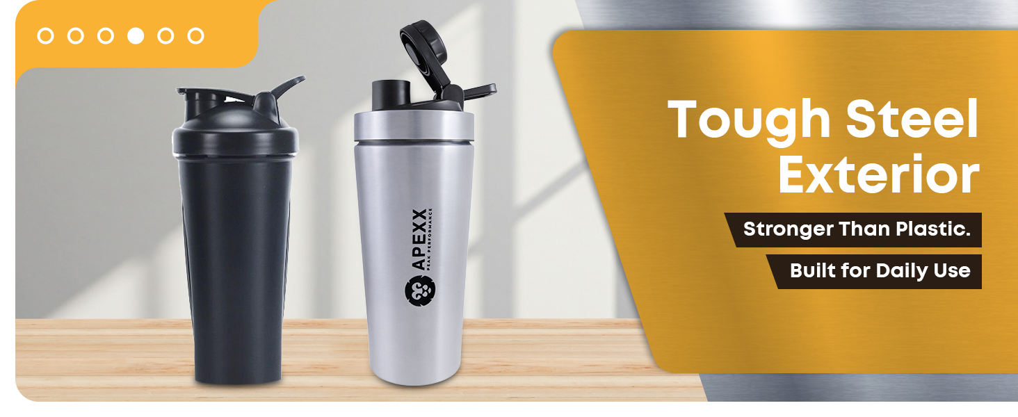 Apexx Protein Shaker Bottle – Steel Shaker for Gym with Silent Mixing, Leakproof Twist Cap, BPA-Free, No Smell, with Carry Handle - Silver 750ML