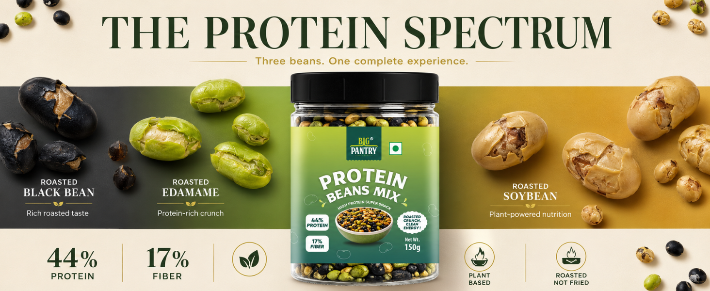 BIG PANTRY Protein Beans Mix, Roasted Soyabean, Edamame and Black Beans, High Protein Vegan Snack, 150g