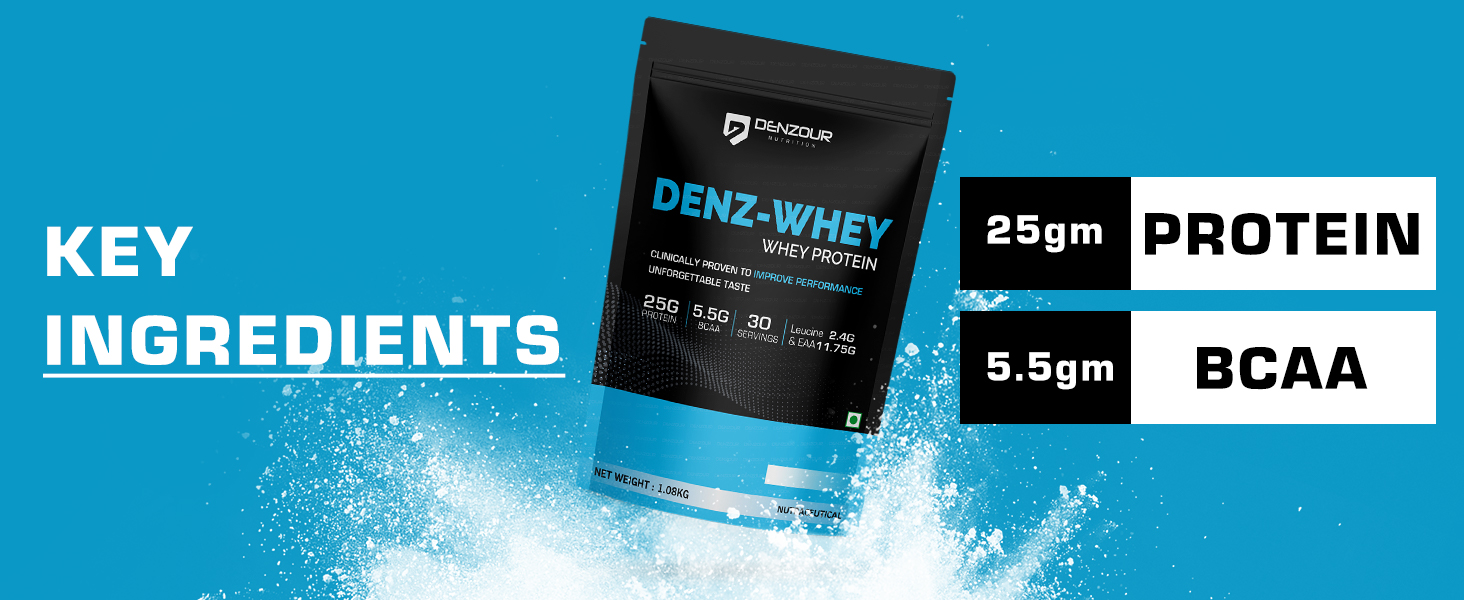DENZOUR NUTRITION Denz Whey Protein Powder | 25g Protein + 5.5g BCAA | Belgium Chocolate Flavour | Fast Digesting & Lab Tested | Muscle Recovery & Strength | 1.08kg | 30 Servings