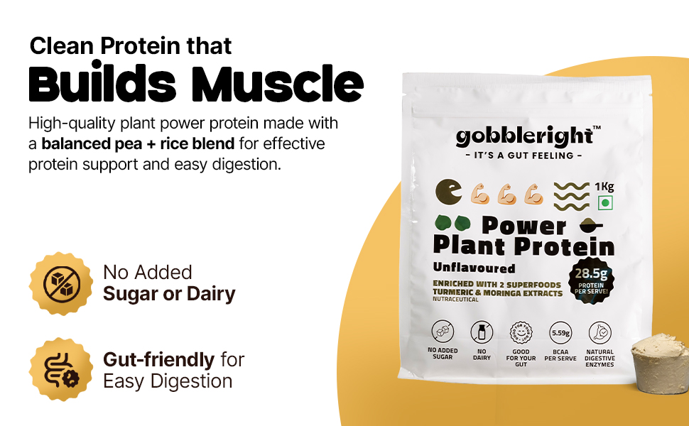 GOBBLERIGHT Power Plant Protein Powder Unflavoured 1kg | 28.5g Protein Per Serve | No Added Sugar | Isolate & Concentrate Pea Rice Powder | 4.91g BCAA | No Bloat & Gut Friendly | Gluten Free & Vegan
