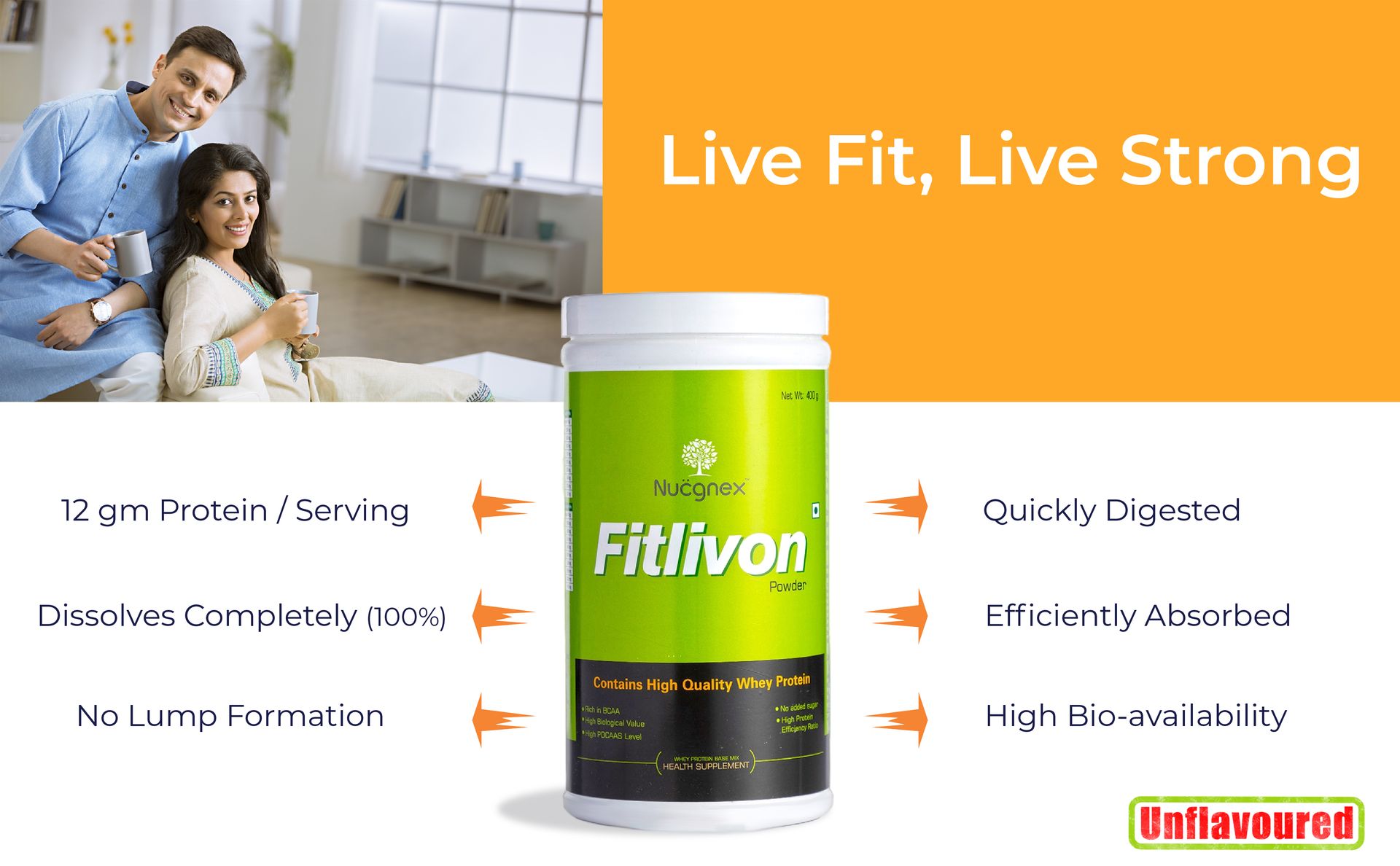 Nucgnex Fitlivon Whey Protein Powder for Daily Use | PDCAAS 1.0 Whey Protein with BCAA | For Active Lifestyle & Everyday Fitness | Easy to Mix & Digest | No Added Sugar | 400g