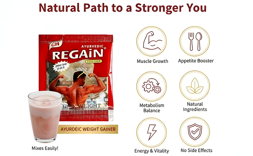 Regain Ayurvedic Weight Gain Powder Herbal Appetite Booster & Natural Muscle Building Formula for Healthy Weight Gain, Energy Enhancement & Daily Nutritional Support (Pack Of 20)