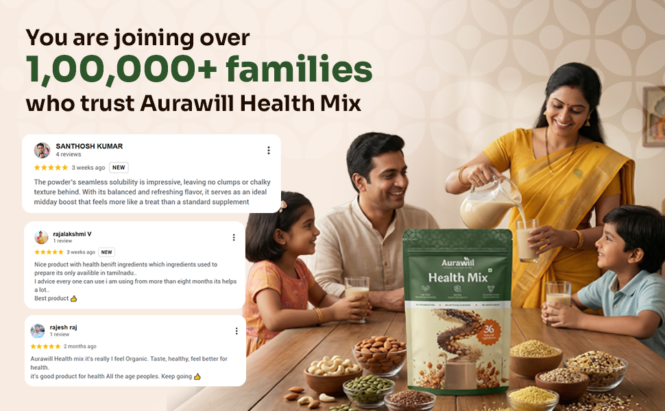 Aurawill Health Mix Powder 1.35 Kg | 36 Natural Ingredients | Sathu Maavu Multigrain Drink | No Added Sugar | for Kids Adults Elders | Gut Immunity
