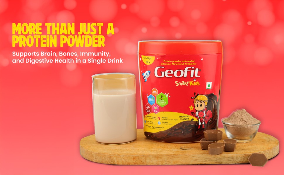 Geofit Smart Kids Protein Powder – 250g | For Kids Age 4-6 | 18 Nutrients for Growth & Immunity | DHA for Brain | Probiotics for Digestion | Energy & Metabolism Boost | Antioxidant Support