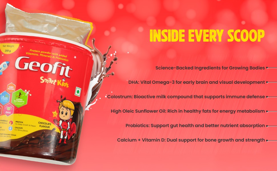 Geofit Smart Kids Protein Powder – 250g | For Kids Age 4-6 | 18 Nutrients for Growth & Immunity | DHA for Brain | Probiotics for Digestion | Energy & Metabolism Boost | Antioxidant Support