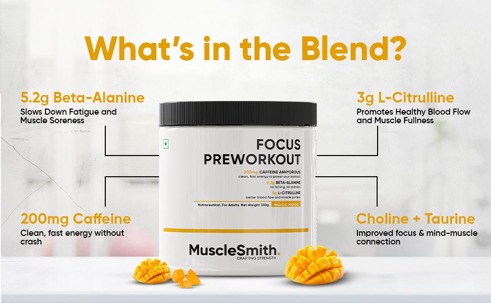 MuscleSmith Focus Pre Workout Powder| 200mg Caffeine, 5.2g Beta Alanine, 3g L-Citrulline, Choline & Taurine | Energy, Focus & Muscle Pump for Men & Women |Magical Mango | 30 Servings [11g Per Scoop]