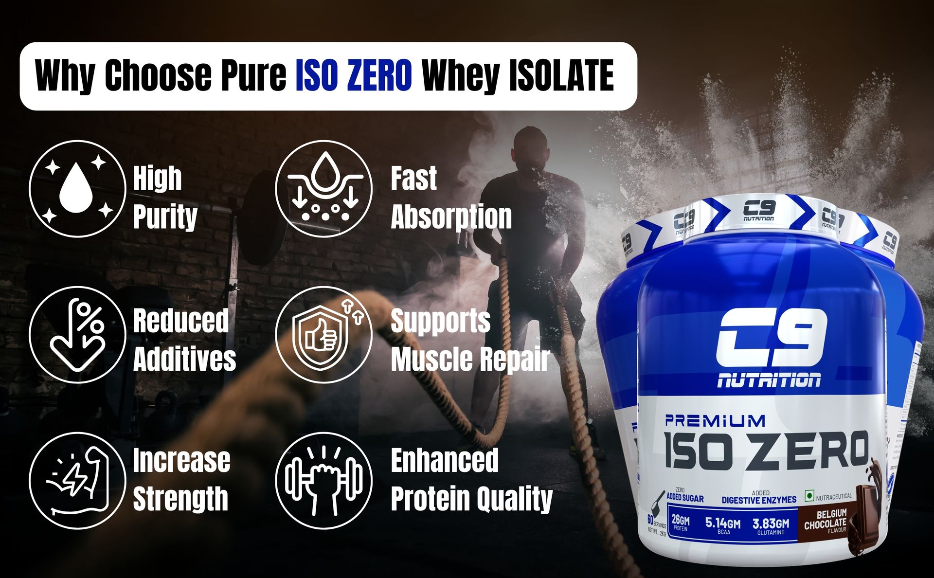 C9 NUTRITION ISO ZERO Whey ISOLATE 1kg, 30 Serving | 26gm Protein | 5.14gm BCAA | 3.83 gm GLUTAMINE | Banned Substance Free | Gluten Free | ISO9001/GMP Certified | Lab Tested (1 KG, Belgium Chocolate)