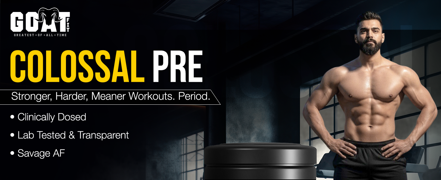 GOAT Fit Colossal Pre | PreWorkout Powder 200mg Caffeine 4g Beta-Alanine 3g Citrulline 1.5g Arginine 1g Creatine with Himalayan Pink Salt (180g - 15 servings, Kala Khatta)