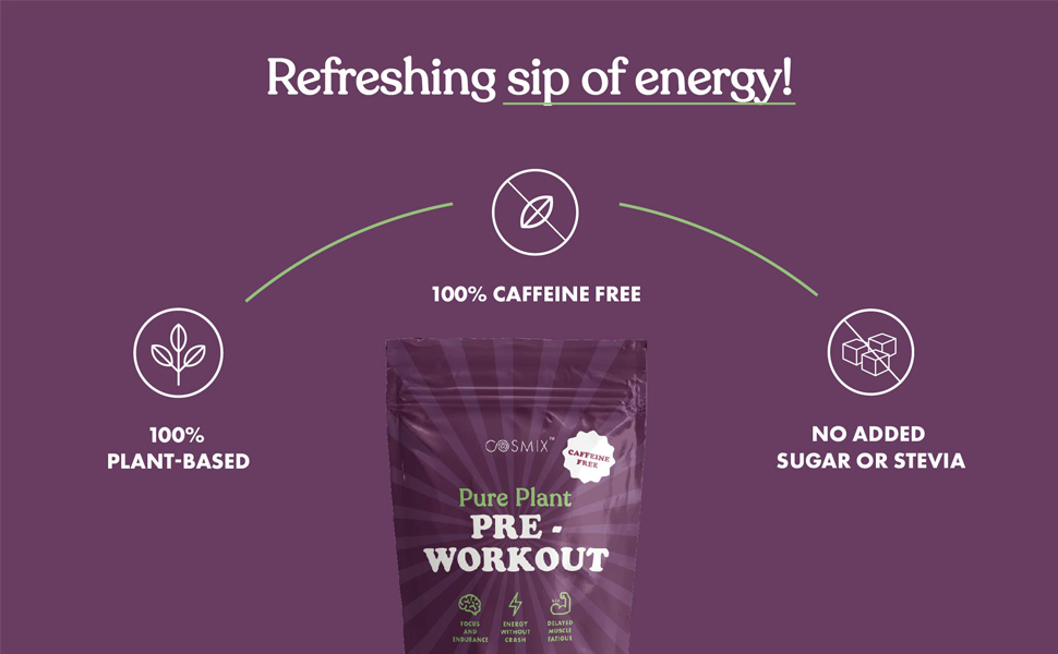 Cosmix Pure Plant Pre-Workout | Caffeine-Free Energy&Endurance | Muscle Recovery | 60g (50 Servings) | Beetroot Nitrates & Coconut Mcts | No Preservatives/Added Sugar | Plant Based | 200g Pack, Powder