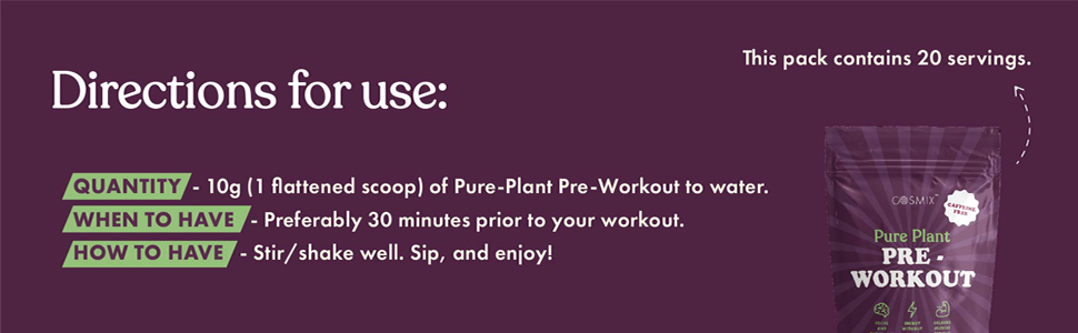Cosmix Pure Plant Pre-Workout | Caffeine-Free Energy&Endurance | Muscle Recovery | 60g (50 Servings) | Beetroot Nitrates & Coconut Mcts | No Preservatives/Added Sugar | Plant Based | 200g Pack, Powder