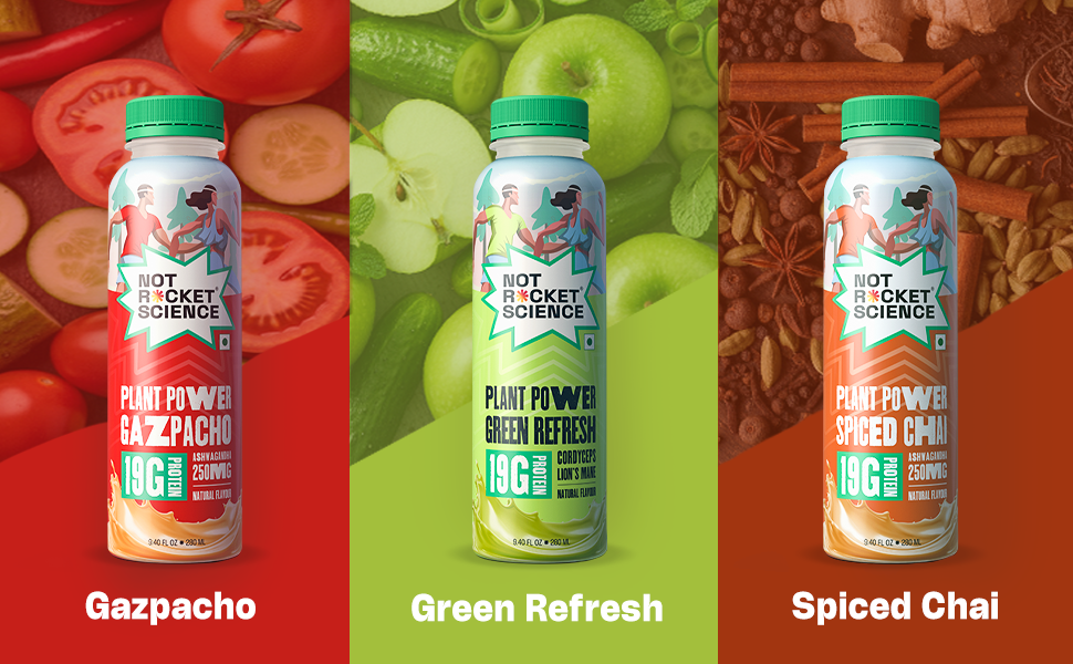 Not Rocket Science Plant Power Combo Pack (Gazpacho, Green Refresh & Spiced Chai) | 19g Plant Protein Shake Each | Gluten-Free | No Artificial Sweetener | With 250 mg Functional Adaptogens | 280ml × 3